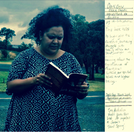 Image of a participant sharing a reading from Black Emu, the book she carried on the Walking Library for Women Walking walk in Geelong (Australia), 16 November 2017