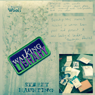 Image of books carried in the ‘street hauntings’
of the Walking Library for Women Walking, participant response
cards and the Walking Library patch made especially for the Women
Walking edition in the Suffragette colours of purple and green