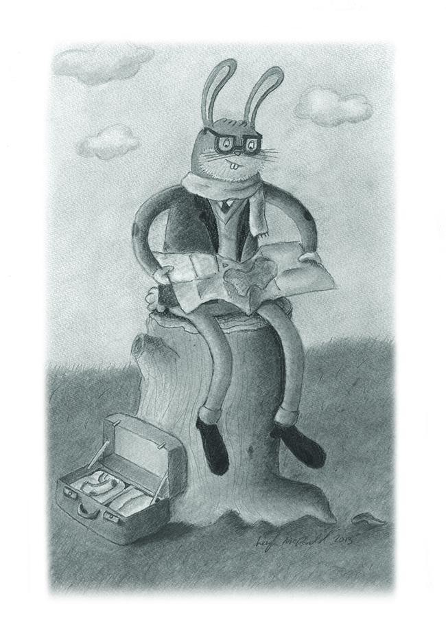Drawing of a dressed rabbit sitting on a tree stump looking at a map of Australia