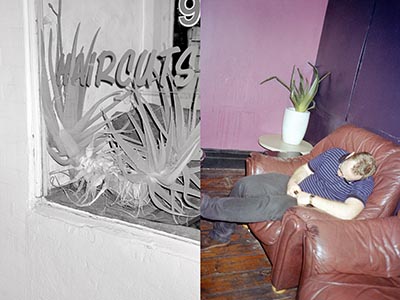 Image of 2 photos mounted tohether, the above one showing a wall with a door and a sign saying "Yes", the lower one showing the backs of 3 woman with brown hair and a glass of water