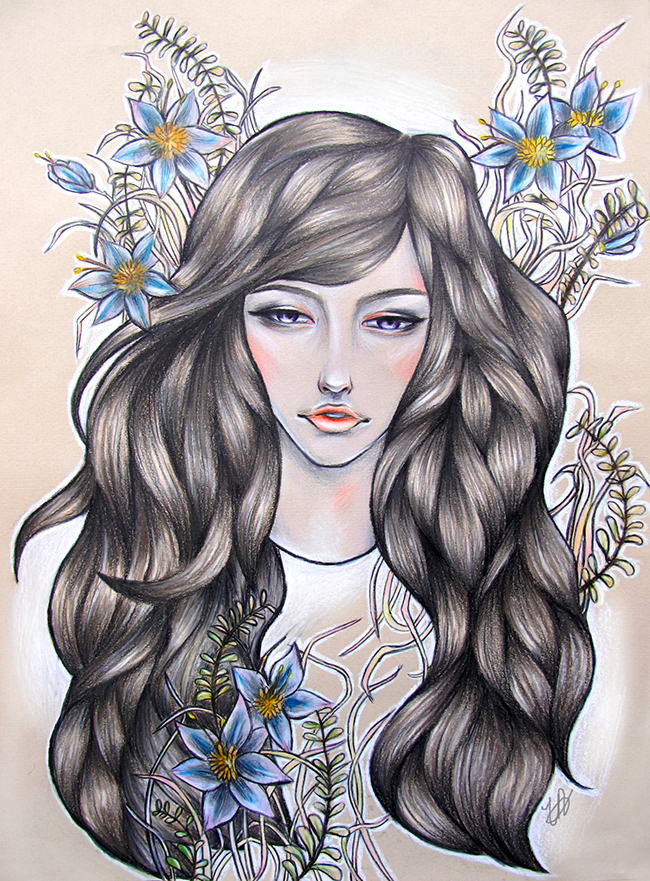 Drawing of s gorl with long hair surrounded by flowers