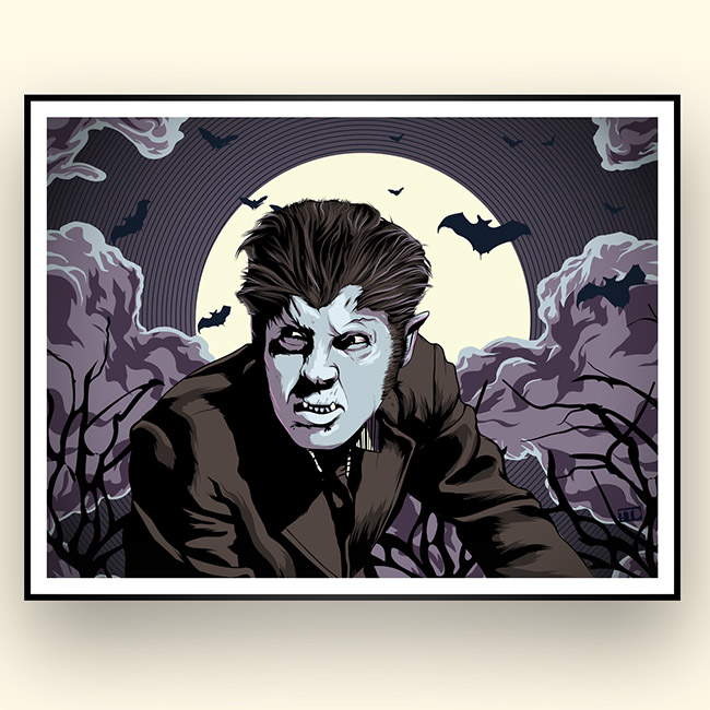Illustration of a Wolfman at night with trees, full moon and bats in the background
