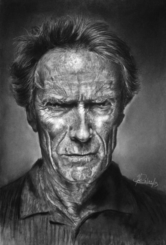 Detailed black and white portrait of Clint Eastwood