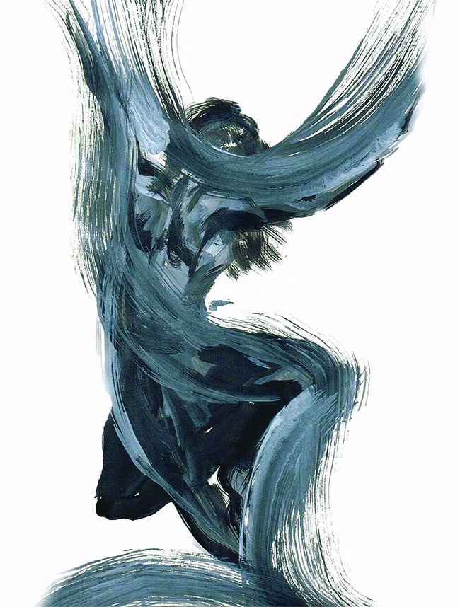 Painting of dancer covered in wide ribbons.
