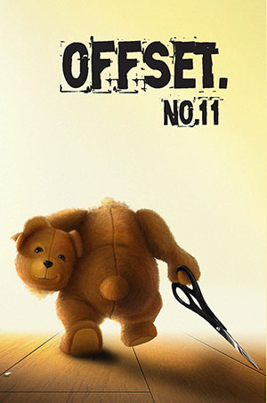 Offset 11 cover showing a toy teddybear with scissors in one hand and his head in the other hand